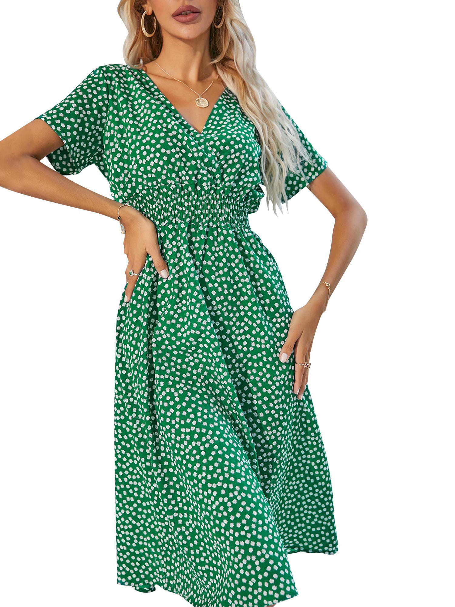 Enjiwell Women's Bohemian Polka Dot Print Elastic Draw Back V Neck ...