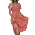 thumbnail image 1 of Enjiwell Women's Bohemian Polka Dot Print Elastic Draw Back V Neck Short Sleeve Chiffon Dress, 1 of 2