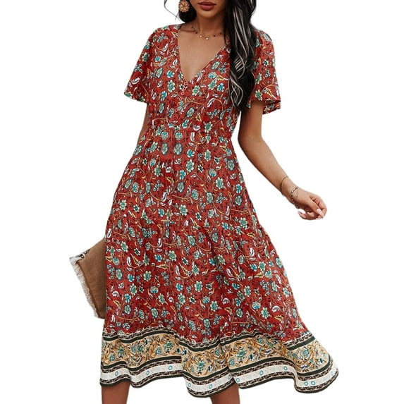 Enjiwell Women's Bohemian Print V Neck Ruffle Short Sleeve Beach Midi Dress
