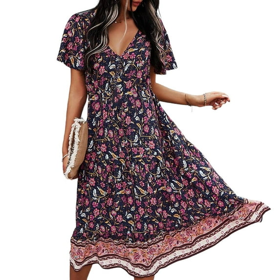 Enjiwell Women's Bohemian Print V Neck Ruffle Short Sleeve Beach Midi Dress