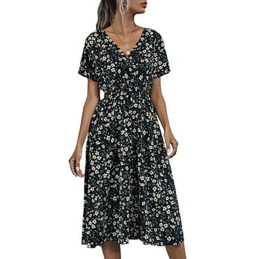 Enjiwell Women's Floral Print Bohemian V Neck Short Sleeve Chiffon Midi Dress