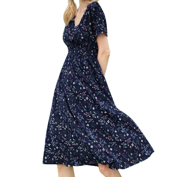 Enjiwell Women's Floral Print Bohemian V Neck Short Sleeve Chiffon Midi Dress