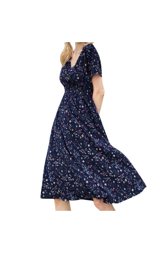 Enjiwell Women's Floral Print Bohemian V Neck Short Sleeve Chiffon Midi Dress