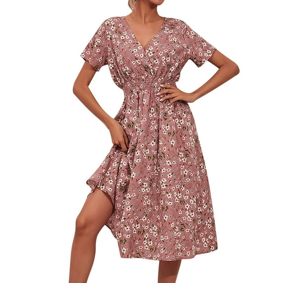 Enjiwell Women's Floral Print Bohemian V Neck Short Sleeve Chiffon Midi Dress