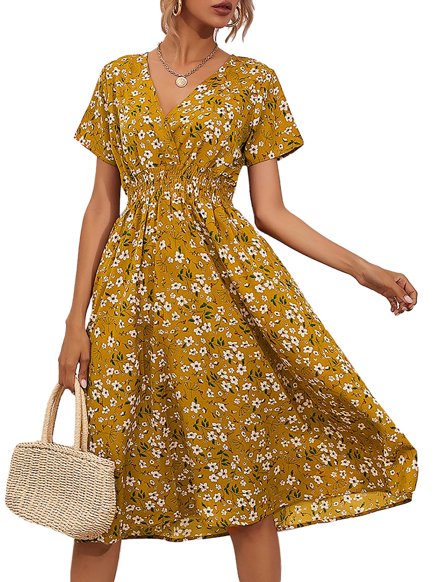 Enjiwell Women's Floral Print Bohemian V Neck Short Sleeve Chiffon Midi Dress