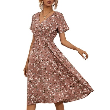 Enjiwell Women's Floral Print Bohemian V Neck Short Sleeve Chiffon Midi Dress