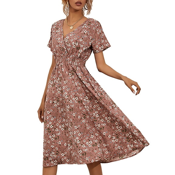 Enjiwell Women's Floral Print Bohemian V Neck Short Sleeve Chiffon Midi Dress