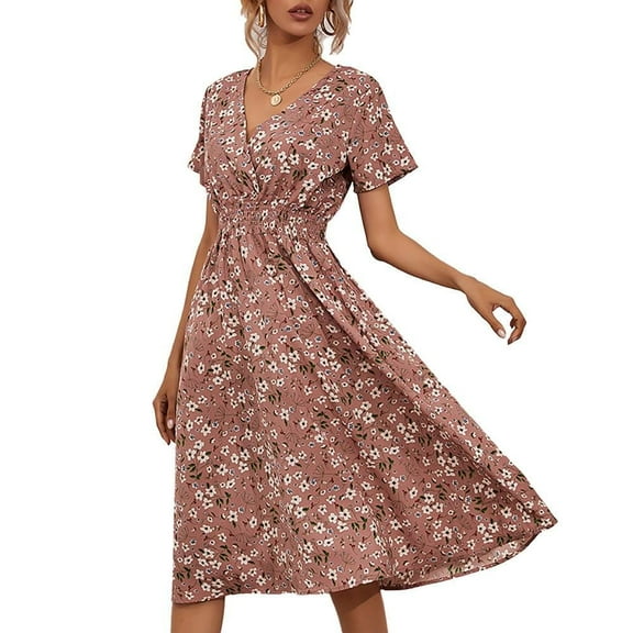 Enjiwell Women's Floral Print Bohemian V Neck Short Sleeve Chiffon Midi Dress