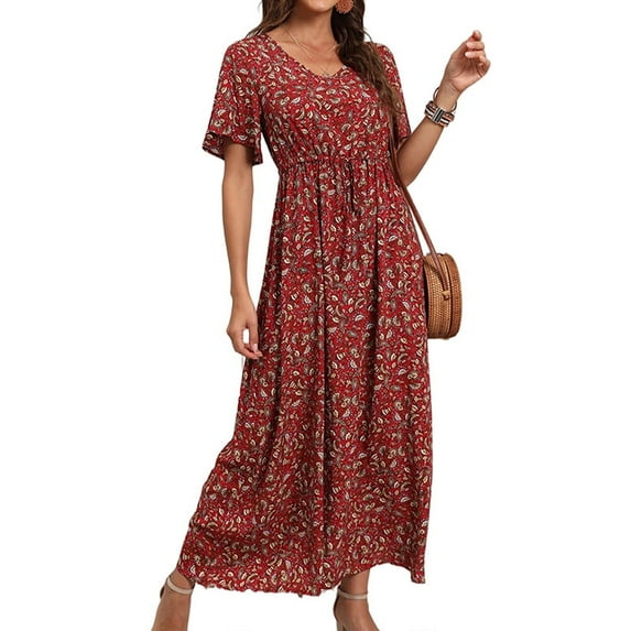 Enjiwell Women's Holiday Maxi Sundress Floral Print Short Sleeve Bohemian T-Shirt Dress