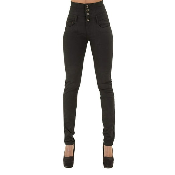 Enjiwell Women's Solid Color Buttons High Waist Butt Lifting Stretch Skinny Jeans