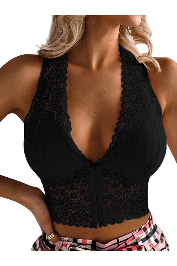 Women's Solid Color Vintage Hollow Floral Lace Front Breasted Micro-bomb Camisole Lingerie