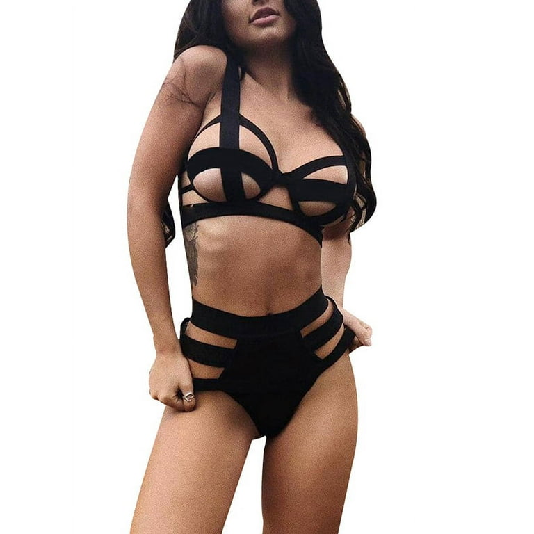 Enjiwell Womens Sexy Cut Out Bandage Lingerie Bra Knickers Lingerie Bikini  Swimsuit Set