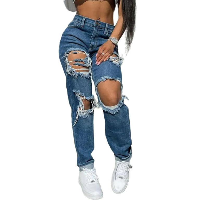 Sidefeel Womens Ripped Cuffed Jeans High Waisted Boyfriend Straight Leg  Denim Pants