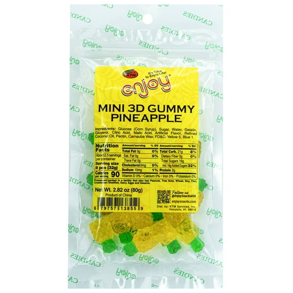 Enjoy 3D Gummy Pineapple (2.82 oz), Resealable Bag, Contains No Allergens, Gummy Candy