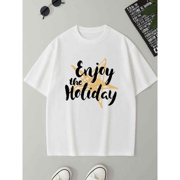 Enjoy the Holiday Tee men's 180G 100% Cotton white Trendy Unisex Shirt Printed tshirts Casual Unisex Shirt Crewneck tshirts Retro Unisex Shirt Graphic Tee tshirts Basic Unisex Shirt Cotton tshirts