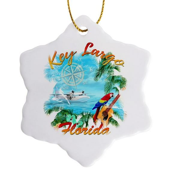 3drose, Enjoy Island Music and the Beautiful Oceans Around Key Largo Florida., 3 inch Snowflake Porcelain Ornament