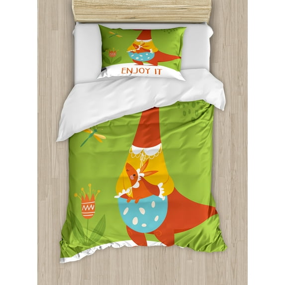Enjoy It Duvet Cover Set, Kangaroo Colored Pouch and Animal Dragonfly Cartoon Vector, Decorative 2 Piece Bedding Set with 1 Pillow Shams, Twin Size, Lime Green Multicolor, by Ambesonne