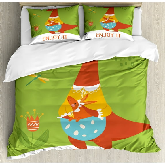 Enjoy It Duvet Cover Set, Kangaroo Colored Pouch and Animal Dragonfly Cartoon Vector, Decorative 3 Piece Bedding Set with 2 Pillow Shams, King Size, Lime Green Multicolor, by Ambesonne