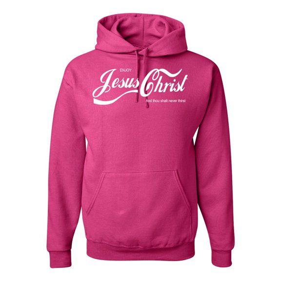Enjoy Jesus Christ and Thou Shalt Never Thirst Coke Parody | Mens Inspirational/Christian Hooded Sweatshirt Graphic Hoodie, Fuschia, Large