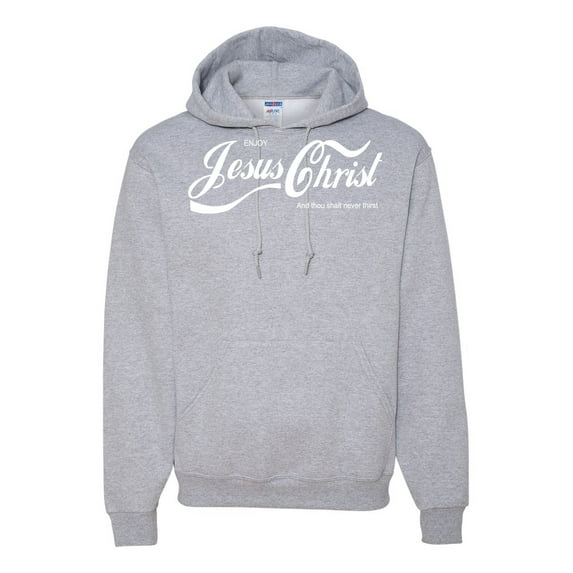 Enjoy Jesus Christ and Thou Shalt Never Thirst Coke Parody | Mens Inspirational/Christian Hooded Sweatshirt Graphic Hoodie, Heather Grey, Large