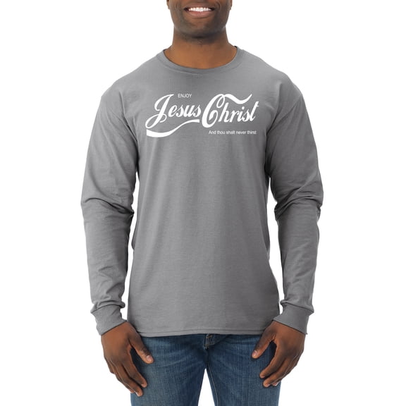 Enjoy Jesus Christ and Thou Shalt Never Thirst Coke Parody | Mens Inspirational/Christian Long Sleeve T-Shirt, Heather Grey, 3XL