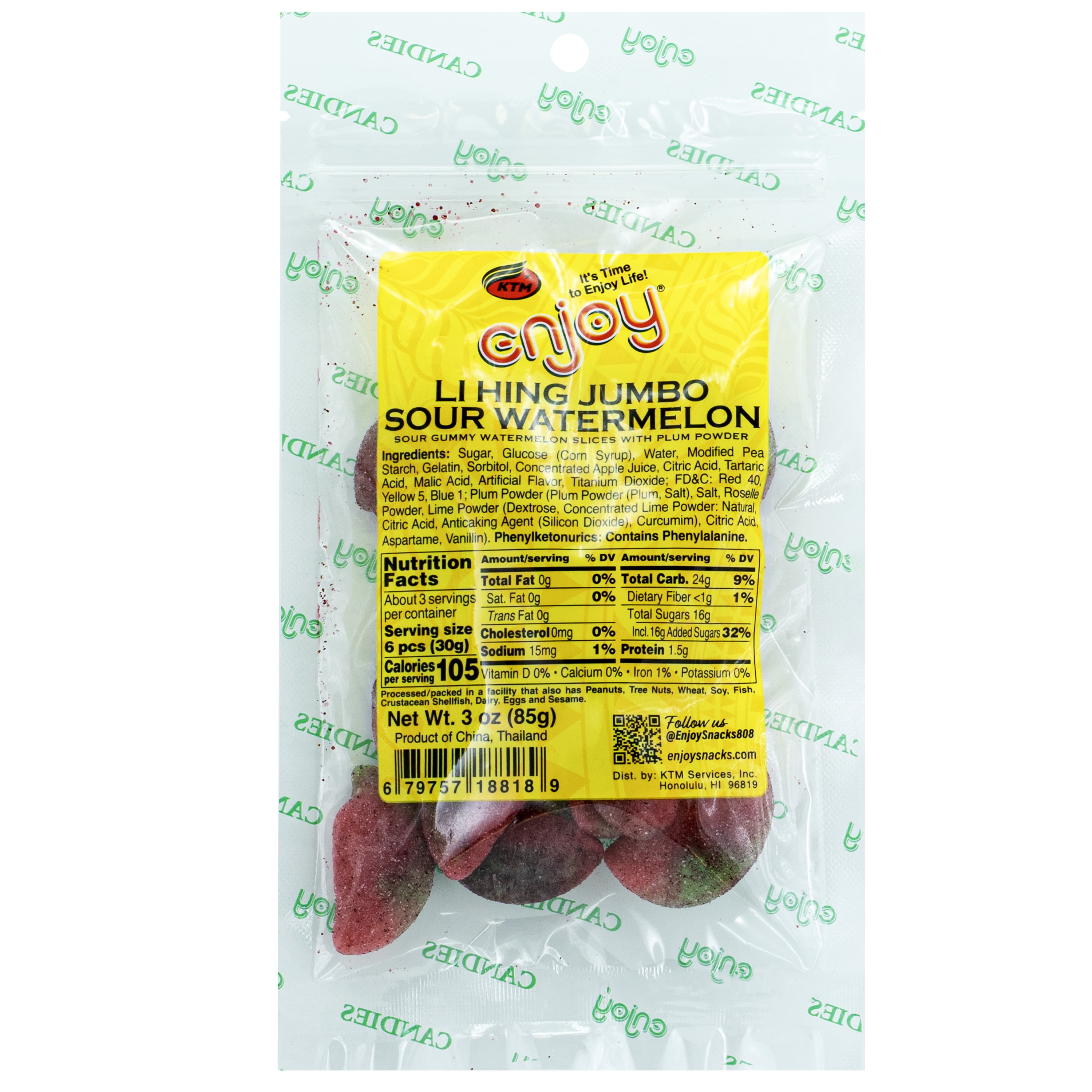 Enjoy Li Hing Jumbo Sour Watermelon (3 oz), Gummy Candy, Resealable Bag, Contains Phenylalanine