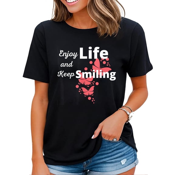 Enjoy Life and Keep Smiling Inspirational Cute Butterflies T-Shirt Black 2X-Large