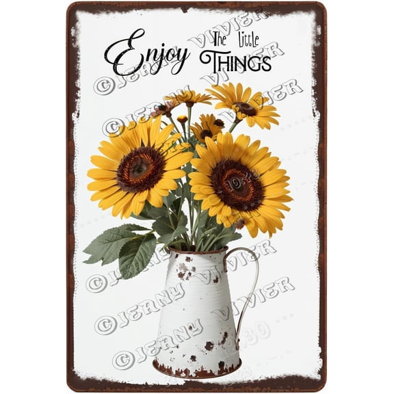 Enjoy The Little Things Aluminum Sign, Sunflower Tin Garden Signs, Sunflower Farm And Market Wall Decor, Small Country Sunflower Poster, Sunflower Decorations For Kitchen 12x8 Inches