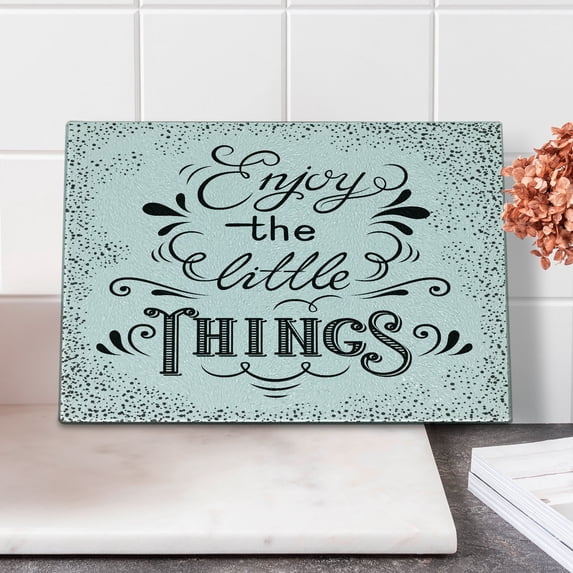 Enjoy the Little Things Cutting Board, Hand Lettering with Paisley Motifs and Dotted Frame Design, Decorative Tempered Glass Cutting and Serving Board, Small Size, Black and White, by Ambesonne