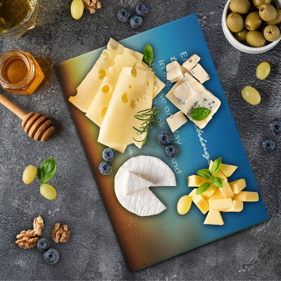Enjoy the Little Things Cutting Board, Inspirational Slogan on Future on Blurry Sunset Background, Decorative Tempered Glass Cutting and Serving Board, Small Size, Orange Blue White, by Ambesonne