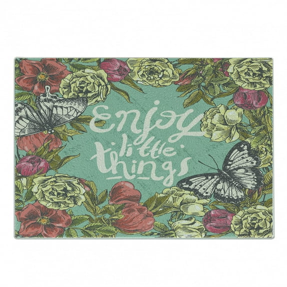 Enjoy the Little Things Cutting Board, Sketch of Spring with Butterflies Grunge Design Uplifting Phrase, Decorative Tempered Glass Cutting and Serving Board, Small Size, Multicolor, by Ambesonne