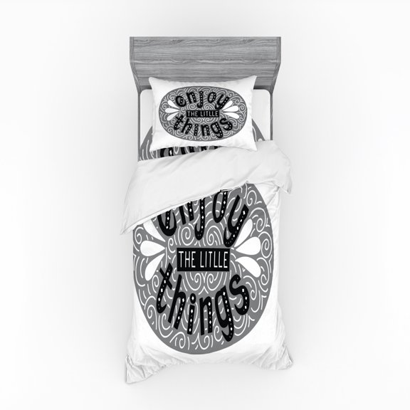 Enjoy the Little Things Duvet Cover Set, Greyscale Expression Lettering with Swirls and Teardrops, Bedding Set with Shams and Fitted Sheet, 3 Sizes, by Ambesonne