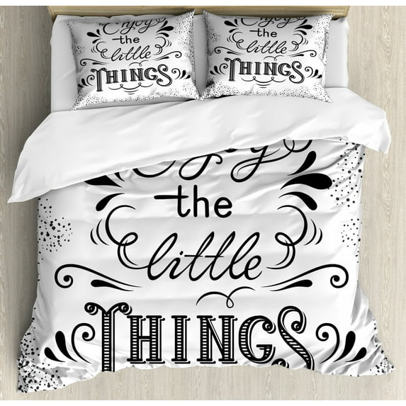 Enjoy the Little Things King Size Duvet Cover Set, Hand Lettering with Paisley Motifs and Dotted Frame Design, Decorative 3 Piece Bedding Set with 2 Pillow Shams, Black and White, by Ambesonne