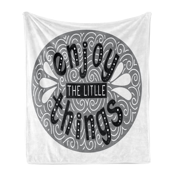 Enjoy the Little Things Soft Flannel Fleece Blanket, Greyscale Expression Lettering with Swirls and Teardrops, Cozy Plush for Indoor and Outdoor Use, 60" x 80", Grey Black and White, by Ambesonne