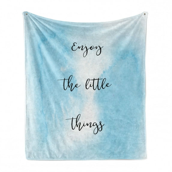 Enjoy the Little Things Soft Flannel Fleece Blanket, Inspirational Words on Blue Shade Watercolor Background Ombre, Cozy Plush for Indoor and Outdoor Use, 50" x 70", Pale Blue Black, by Ambesonne