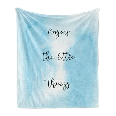 Enjoy the Little Things Soft Flannel Fleece Blanket, Inspirational Words on Blue Shade Watercolor Background Ombre, Cozy Plush for Indoor and Outdoor Use, 60" x 80", Pale Blue Black, by Ambesonne