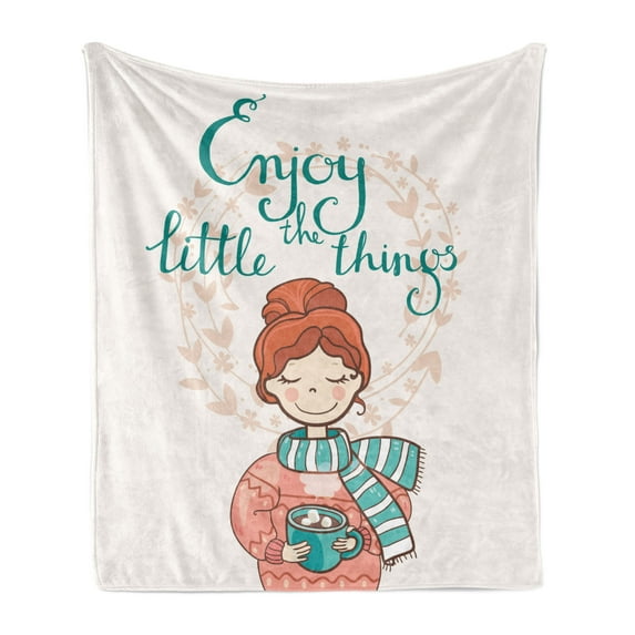 Enjoy the Little Things Soft Flannel Fleece Throw Blanket, Cartoon Girl in Winter Clothes with a Hand Lettering, Cozy Plush for Indoor and Outdoor Use, 50" x 60", Multicolor, by Ambesonne