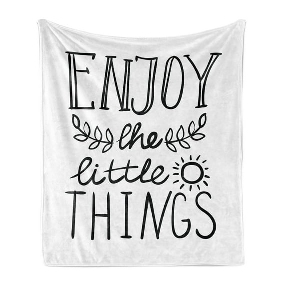 Enjoy the Little Things Soft Flannel Fleece Throw Blanket, Monochrome Lettering with Sun and Laurel Leaf, Cozy Plush for Indoor and Outdoor Use, 50" x 70", Black and White, by Ambesonne