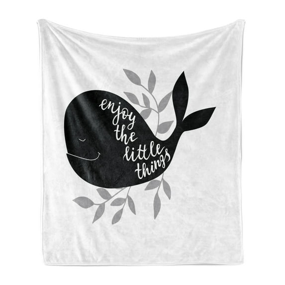 Enjoy the Little Things Soft Flannel Fleece Throw Blanket, Ocean Whale Silhouette with Leaves Brush Lettering, Cozy Plush for Indoor and Outdoor Use, 50" x 70", Pale Grey White, by Ambesonne