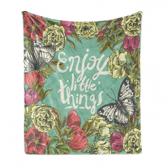 Enjoy the Little Things Soft Flannel Fleece Throw Blanket, Sketch of Spring with Butterflies Grunge Design Uplifting Phrase, Cozy Plush for Indoor and Outdoor Use, 60" x 80", Multicolor, by Ambesonne
