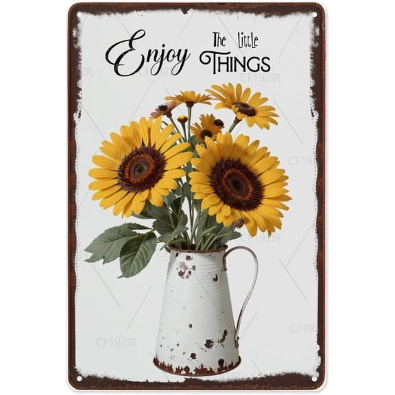 Enjoy The Little Things Sunflower Metal Tin Sign - Positive Quote with Bright Flower Design Decorative Aluminum Sign, 8x12 Inches, Cheerful Kitchen Home Office Decor