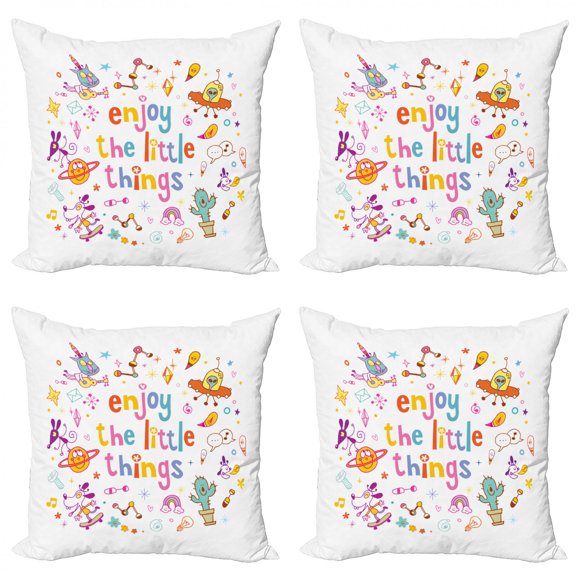 Enjoy the Little Things Throw Pillow Cushion Case Pack of 4, Nursery Theme Whacky Cartoon Characters with Spirit Boosting Phrase, Modern Accent Double-Sided Print, 4 Sizes, Multicolor, by Ambesonne