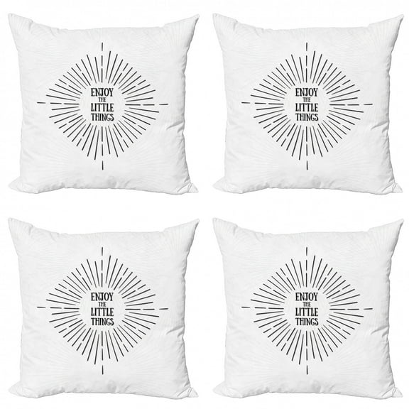 Enjoy the Little Things Throw Pillow Cushion Case Pack of 4, Tribal Design with Starburst Lines and Helpful Words, Modern Accent Double-Sided Print, 4 Sizes, Pale Grey White, by Ambesonne