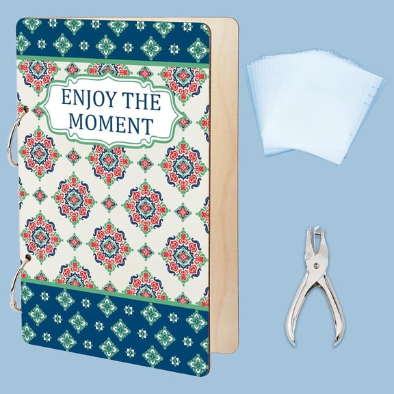 Enjoy the Moment Greeting Card Holder Organizer Folk Flowers Wooden Card Keeper Binder Birthday Cards Keeper Photo Album Cover with Punch & 10pcs Inner Pockets