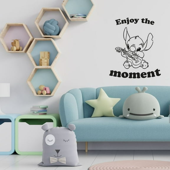 Enjoy The Moment Lilo and Stitch Quote Cute Stitch Playing Guitar Vinyl Wall Sticker Decal Art Décor Home Room Kids Room Boys Girls Room Winnie Lilo Stitch Living Room Decoration Size (10x8 inch)