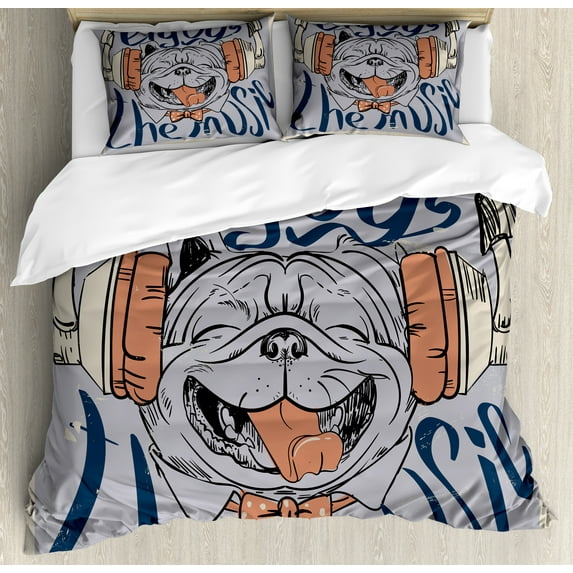 Enjoy the Music Duvet Cover Set, Funky Typography and a Dog Portrait, Decorative 3 Piece Bedding Set with 2 Pillow Shams, Calking Size, Grey Yellow Ceil Blue, by Ambesonne