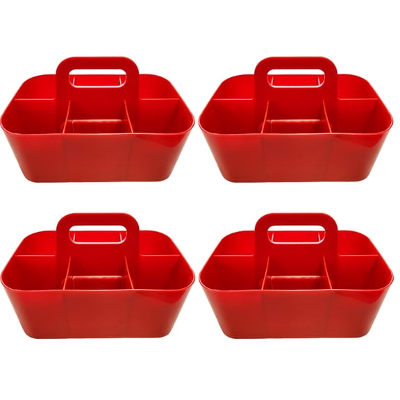Enjoy Organizer - Small Stackable Plastic Caddy with Handle 6 Compartment | Desk, Makeup, Dorm Caddy, Classroom Art Organizers - 4 Pack, Made In USA (Red)