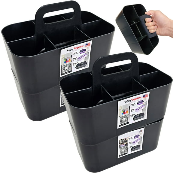 Enjoy Organizer - Small Stackable Plastic Caddy with Handle 6 Compartment | Desk, Makeup, Dorm Caddy, Classroom Art Organizers - 4 Pack, Made In USA (Black)
