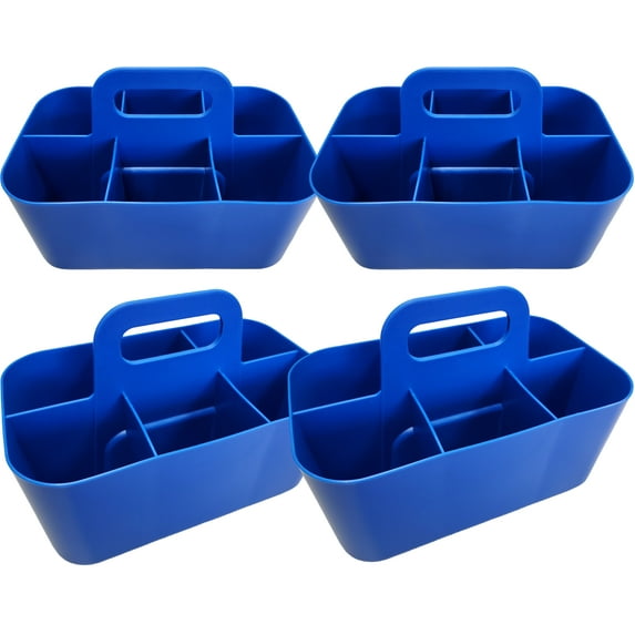 Enjoy Organizer - Small Stackable Plastic Caddy with Handle 6 Compartment | Desk, Makeup, Dorm Caddy, Classroom Art Organizers - 4 Pack, Made In USA (Blue)