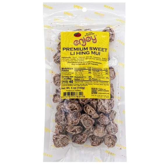 Enjoy Premium Sweet Li Hing Mui (5 oz), Resealable Bag, Dried Prunes, Contains Phenylalanine, Shelf-Stable